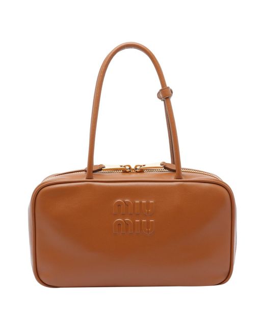 Miu Miu Brown Leather Beau Shoulder Bag With Logo