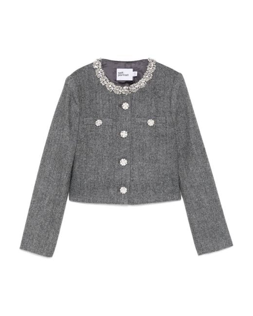 Self-Portrait Gray Herringbone Jacket With Crystal Trim