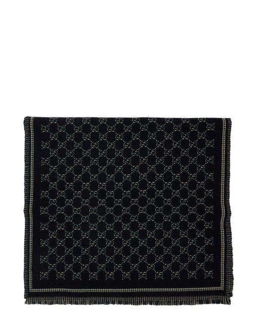 Gucci Black Scarf With All-Over Gg Motif And Fringed Hem for men