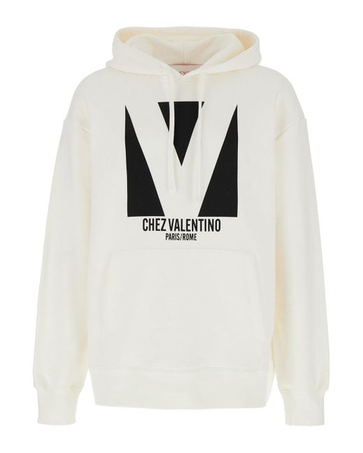 Valentino White 'Chez' Hoodie With Drawstring Hood And Maxi Logo Print On The Front for men