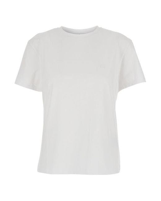 Acne White Crewneck T-Shirt With Tonal Logo Patch On The Front