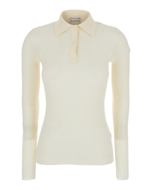Moncler White Ribbed Polo Shirt With Logo Patch Applied On The Sleeve for men