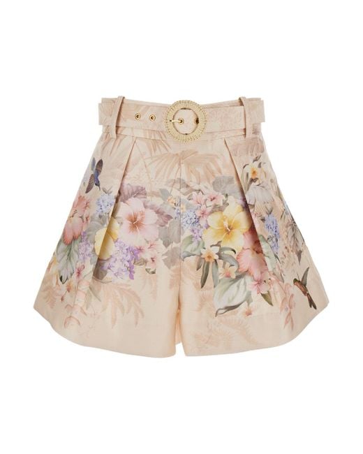 Zimmermann Natural 'Illuminate' Shorts With Adlustable Belt And All-Over Floral Print for men