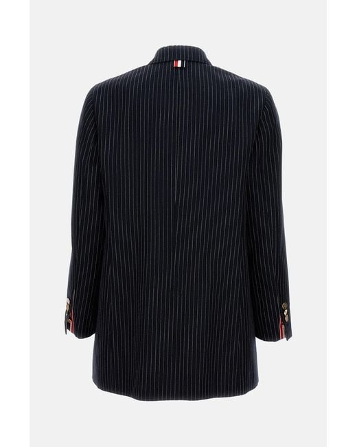 Thom Browne Blue Pinstripe Double-Breasted Jacket With-Tone Buttons