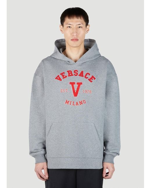 Versace Gray Varsity Logo Patch Hooded Sweatshirt for men