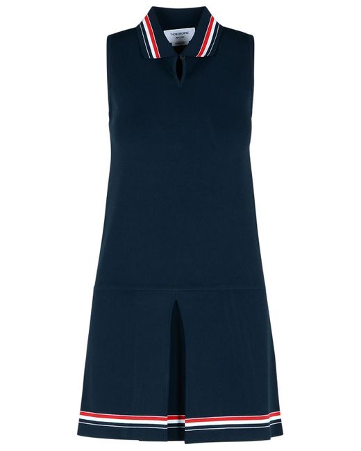 Thom Browne Blue Sleeveless Polo Collar Short Dress With Keyhole Detail