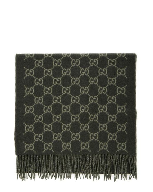 Gucci Green Scarf With Fringed Hem And Gg Motif Jacquard for men