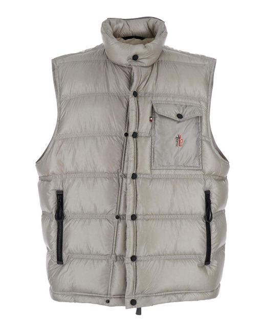 Moncler Gray Sleeveless Down Jacket With Logo Applied On The Chest for men