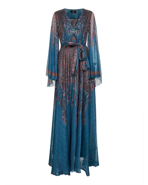 Etro Blue Light Paisley Print Pekin Crepon Long Dress