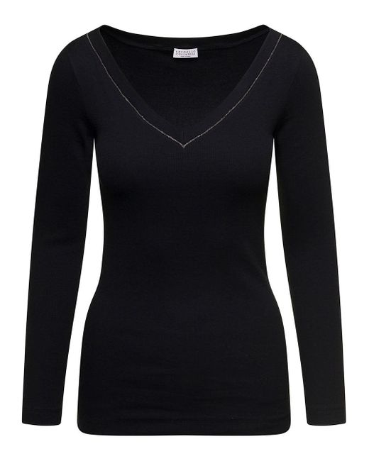 Brunello Cucinelli Black V-Neck Pullover With Beads Detailing for men