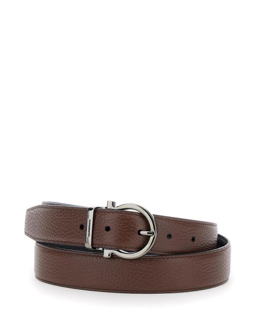 Ferragamo Brown Reversible Belt With Gancini Buckle And Metallic Loop With Logo Lettering for men