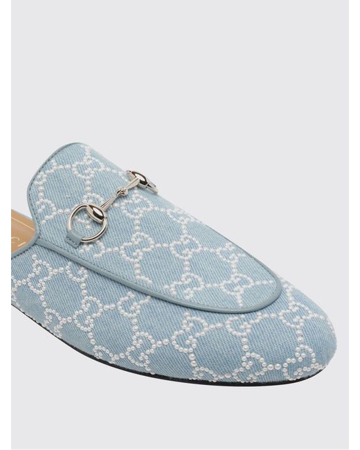Gucci White Princetown Cotton Denim Slippers With Beaded Gg Monogram