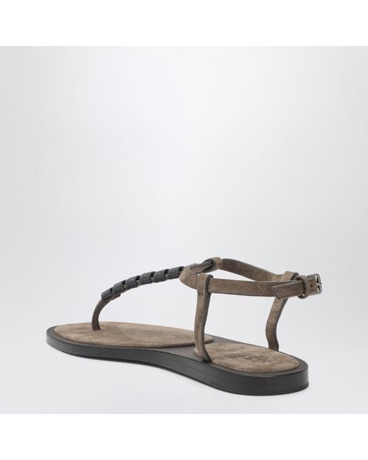 Brunello Cucinelli Brown Suede Thong Sandals With Precious Straps