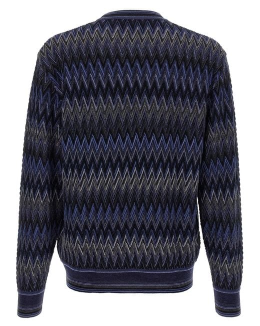 Missoni Blue Zigzag Pattern Wool Sweater With Crew Neck for men