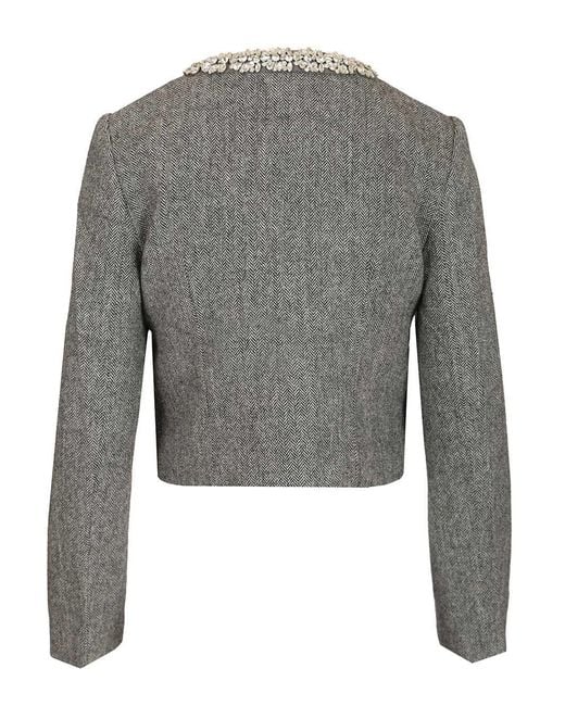 Self-Portrait Gray Herringbone Jacket With Crystal Trim
