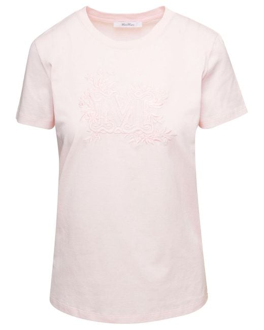 Max Mara Pink Crew Neck T-Shirt With Embroidered Logo On The Chest for men