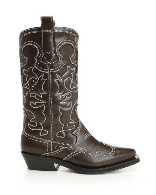 Ganni Brown Embroidered Western Boots
