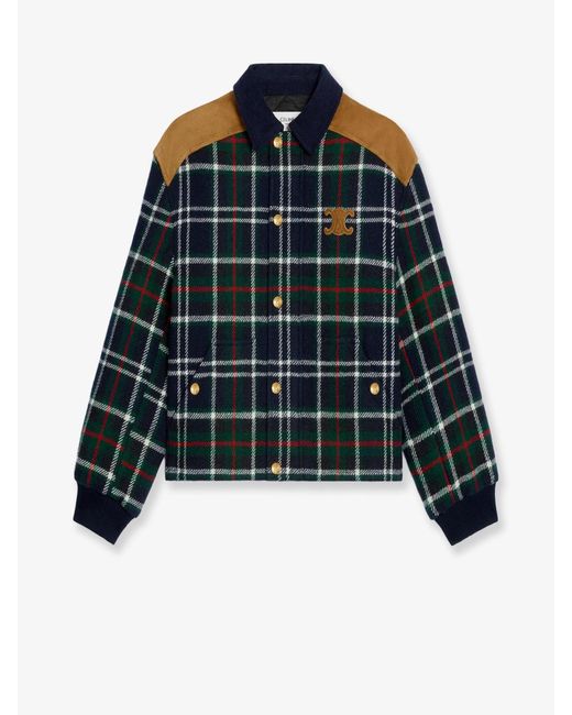 Céline Blue Tartan Wool Jacket With Suede Inserts