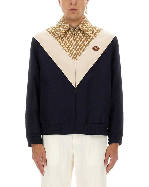 Valentino Blue Wool Bomber Jacket With Print Toute La V for men