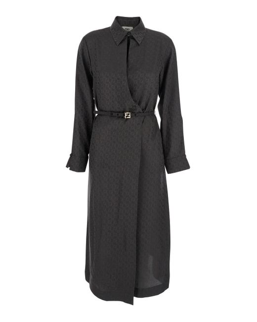 Fendi Black Dress With All-Over Ff Motif And Belt With Plaque