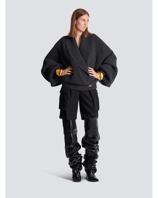 Balmain Black Sweater With Weap Effect And Wide Revers