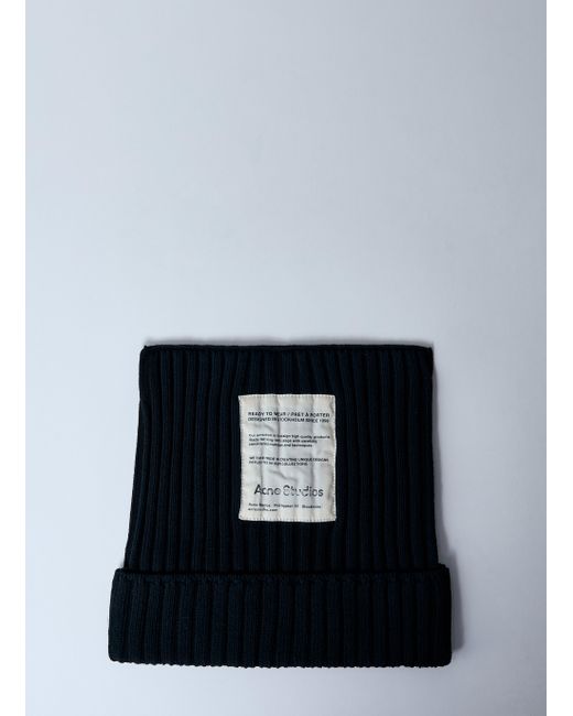 Acne Black Ribbed Square Beanie for men