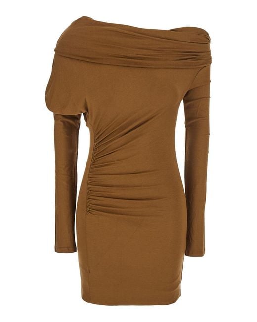 ANDAMANE Brown 'Zoe' Dress With Asymmetrical Design And Draped Detail