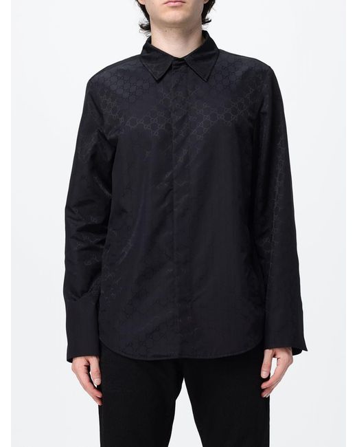 Gucci Blue Long-Sleeved Silk Blend Shirt With Gg Monogram Pattern for men