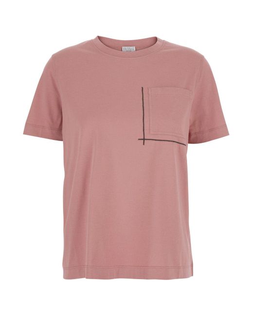 Brunello Cucinelli Pink Crewneck T-Shirt With Monil Detail On The Front for men