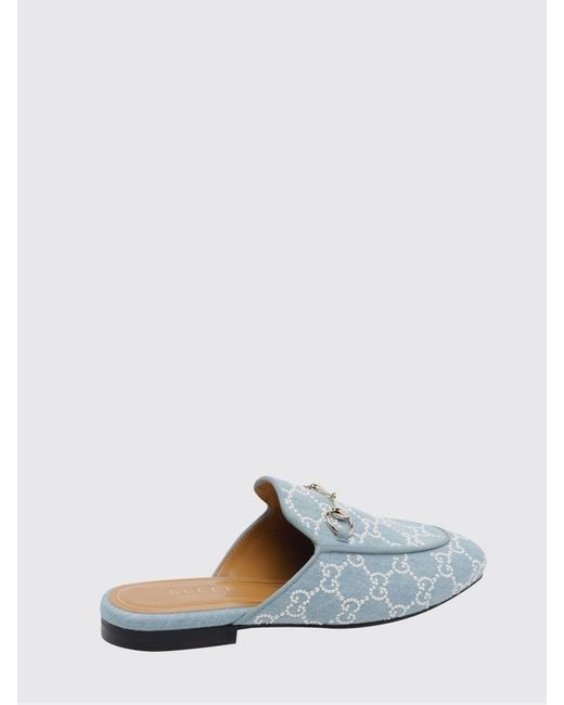 Gucci White Princetown Cotton Denim Slippers With Beaded Gg Monogram