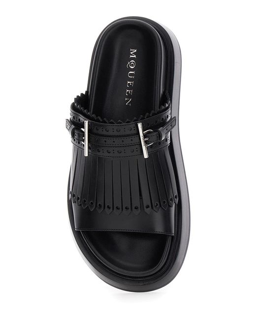 McQueen Black Sandals With Brogue T-Buckle Decorative Strap for men