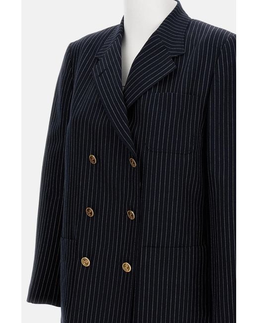 Thom Browne Blue Pinstripe Double-Breasted Jacket With-Tone Buttons