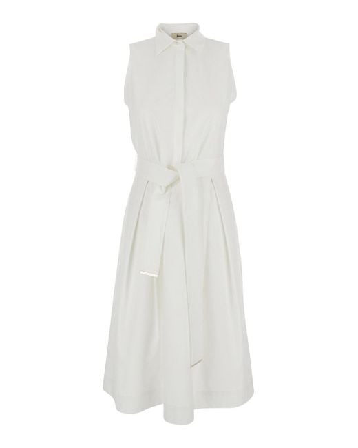 Herno White Sleeveless Dress With Classic Collar And Adjustable Belt