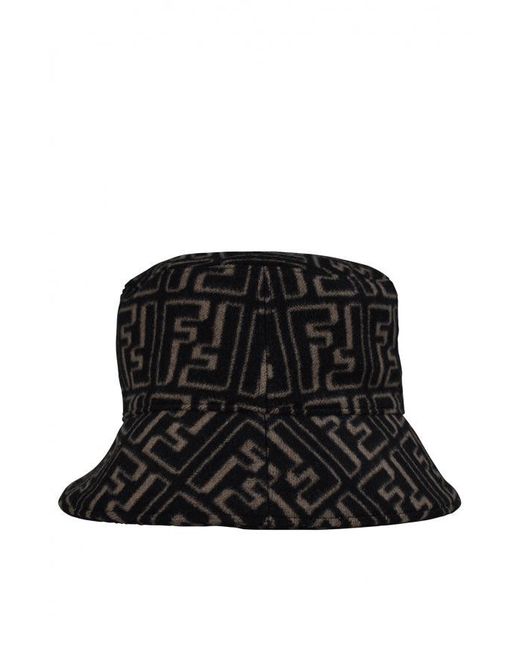 Fendi Black Logo Printed Raffia Bucket Hat for men