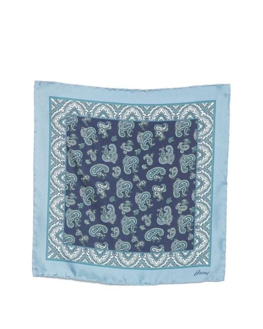 Brioni Blue Printed Silk Pocket Square for men