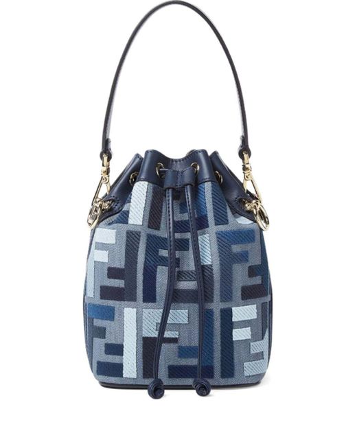 Fendi Blue Â€˜Mon Tresor Miniâ€ Bucket Bag With Drawstring Closure And All-Over Ff Motif