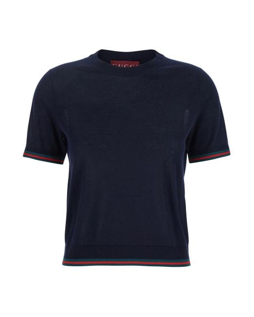 Gucci Blue T-Shirt With Web Detail On The Edges for men