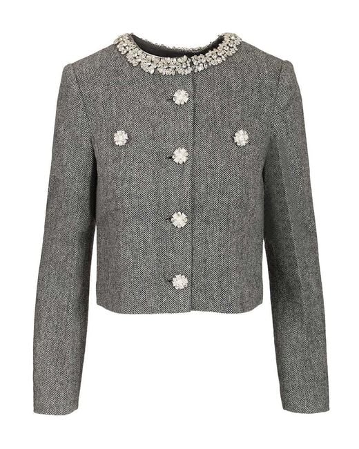 Self-Portrait Gray Herringbone Jacket With Crystal Trim