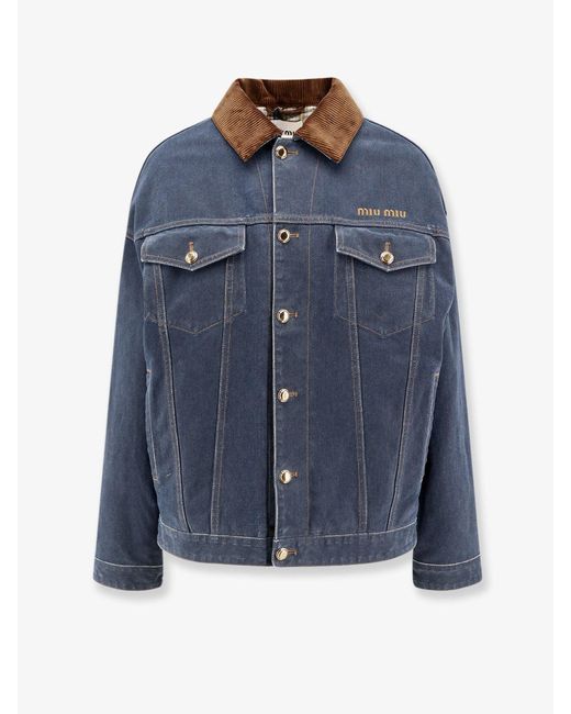 Miu Miu Blue Denim Padded Jacket With Corduroy Collar