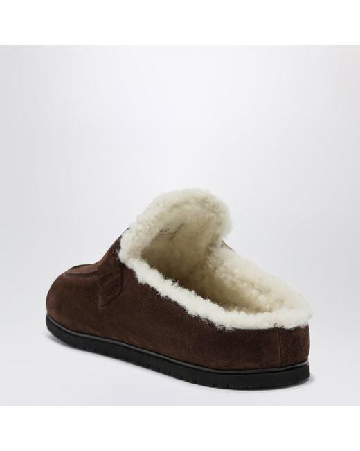 Prada Brown Moro Suede Clogs With Shearling Lining