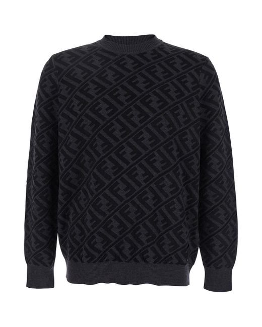 Fendi Blue Crewneck Sweater With All-Over Ff Motif for men