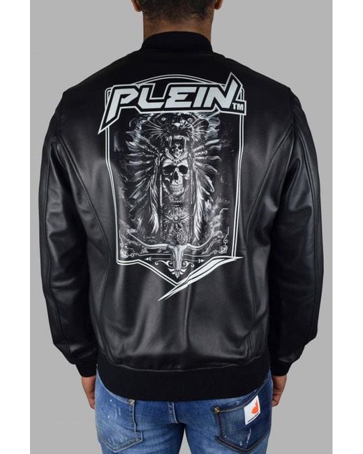Philipp Plein Black Leather Bomber Jacket for men