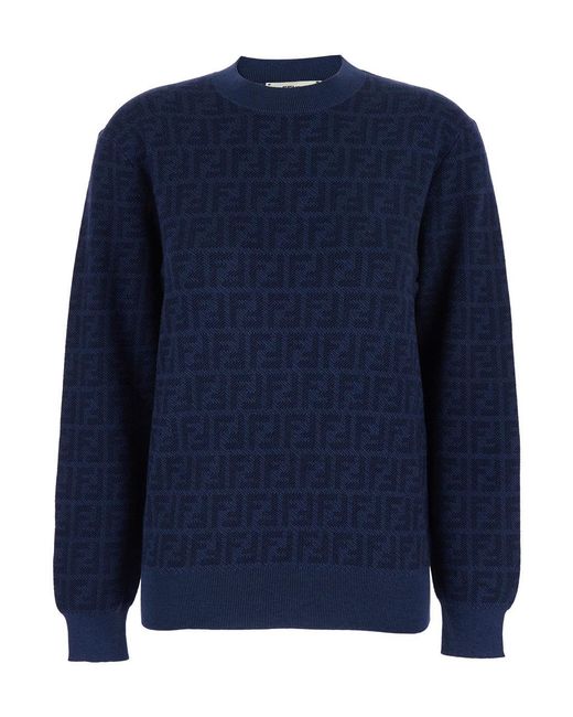 Fendi Blue Crewneck Sweater With All-Over Ff Motif