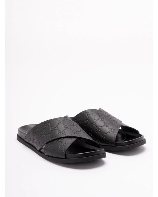 Gucci Men\'s Black Embossed Leather Cross-Strap Sandals Gucci Cross-Over Detailed Flat Sandals for Men | Lyst main image 3
