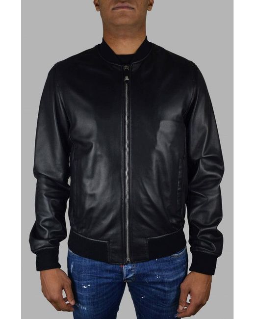 Philipp Plein Black Leather Bomber Jacket for men