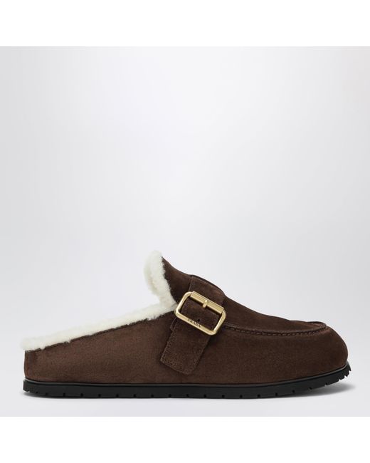 Prada Brown Moro Suede Clogs With Shearling Lining
