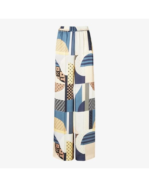 Fendi Blue Silk Trousers With Patchwork Print