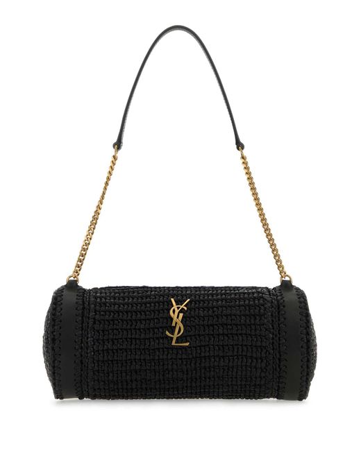 Saint Laurent Black Raffia And Leather Cassandre Shoulder Bag