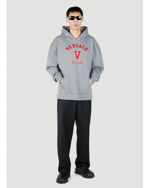 Versace Gray Varsity Logo Patch Hooded Sweatshirt for men