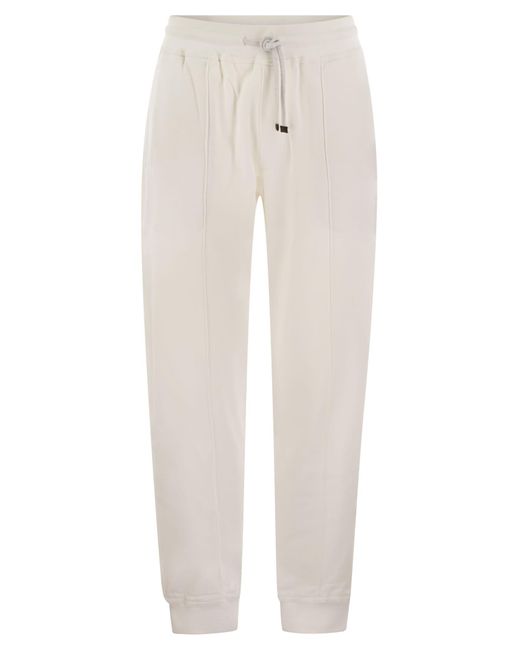Brunello Cucinelli White Cotton Fleece Trousers With Crête And Elasticated Hem for men